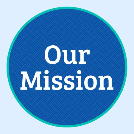 Blue weave pattern circle with teal outline with "Our Mission" written in white